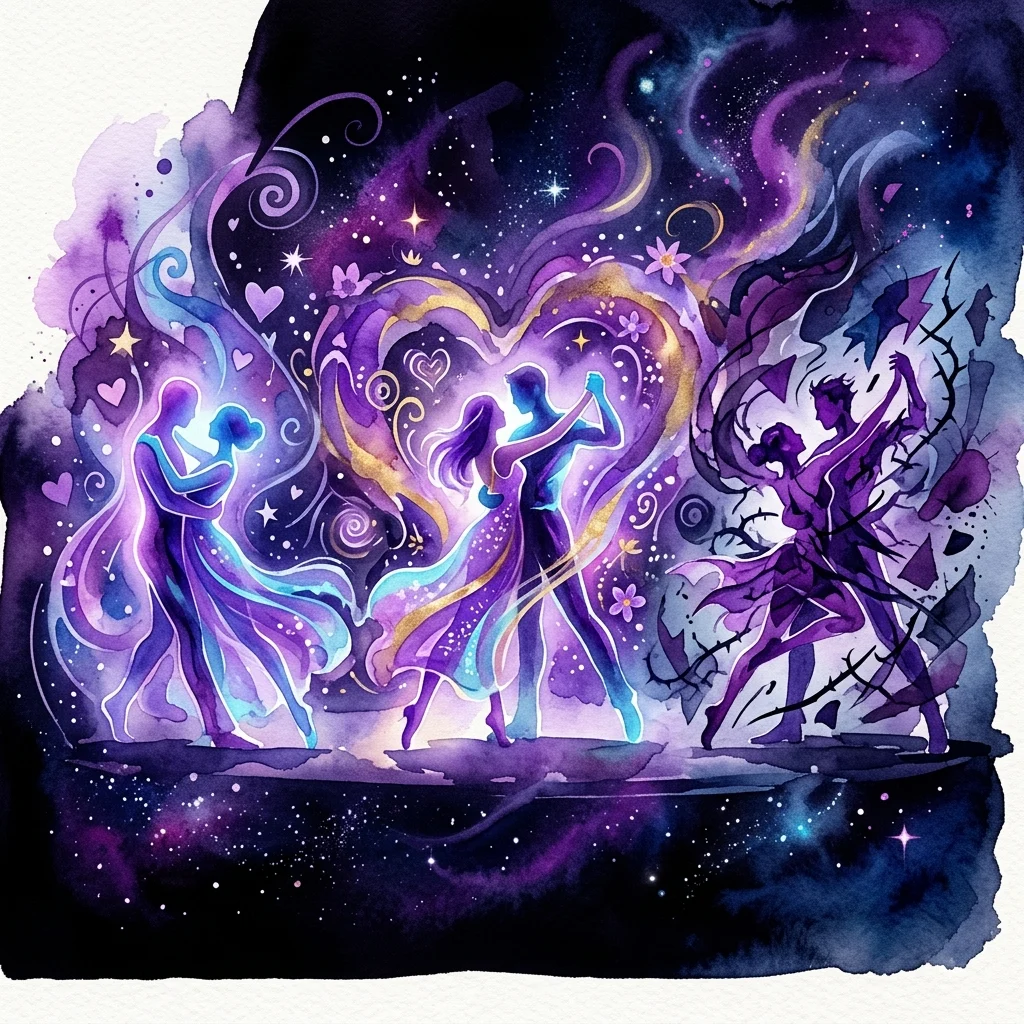 Una surrealista actuación de teatro de luz negra que representa la evolución del amor, con figuras resplandecientes bailando contra un telón de fondo cósmico de corazones, estrellas y tonos arremolinados de púrpura y azul.