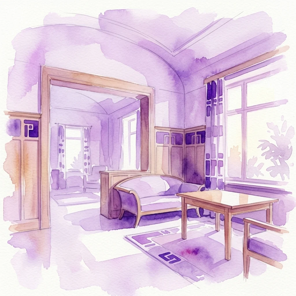 Ilustracja akwarelowa wnętrza w stylu Art Nouveau z geometrycznymi zdobieniami, drewnianymi meblami i dużymi oknami, odzwierciedlająca projekt prac Jana Kotěry w Trmal Villa.