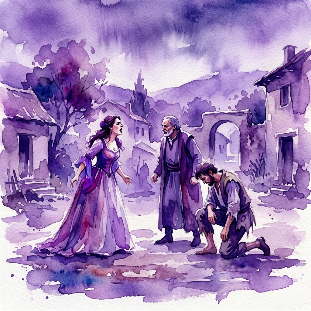 Waterverfillustratie van een dramatische scène uit de opera Jenůfa, met een vrouw in een paarse japon die twee mannen confronteert in een landelijk dorp onder een stormachtige paarse hemel.