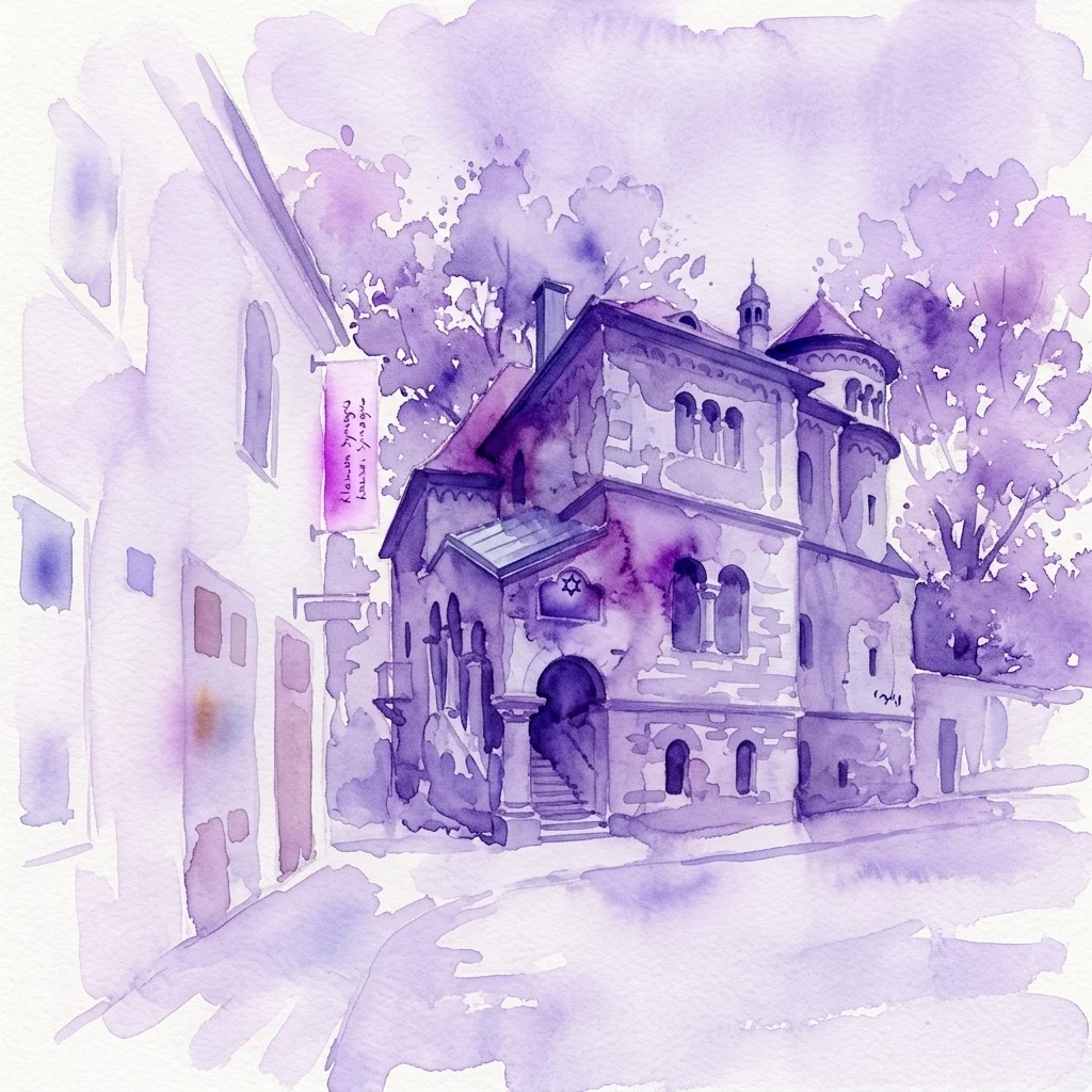 Een aquarelillustratie van de Ceremonial Hall van het Joods Museum in Praag, met pseudo-Romaanse architectuur met boogramen, een Davidster en een paars getinte lucht, die historische plechtigheid uitstraalt.