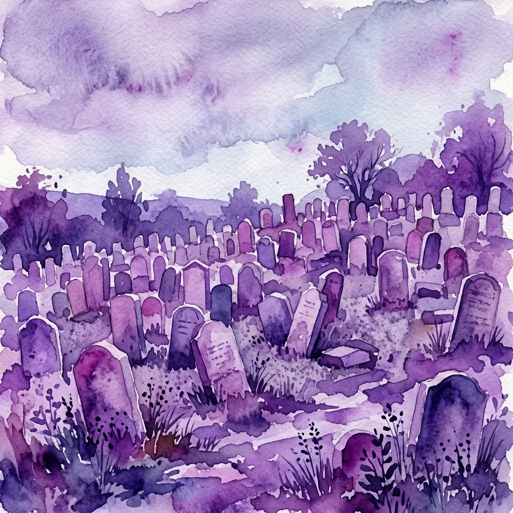 Ilustracja akwarelowa Starego Cmentarza Żydowskiego w Pradze, ukazująca gęsto rozmieszczone, zwietrzałe nagrobki pod zachmurzonym niebem, przywołująca poczucie historii i powagi.