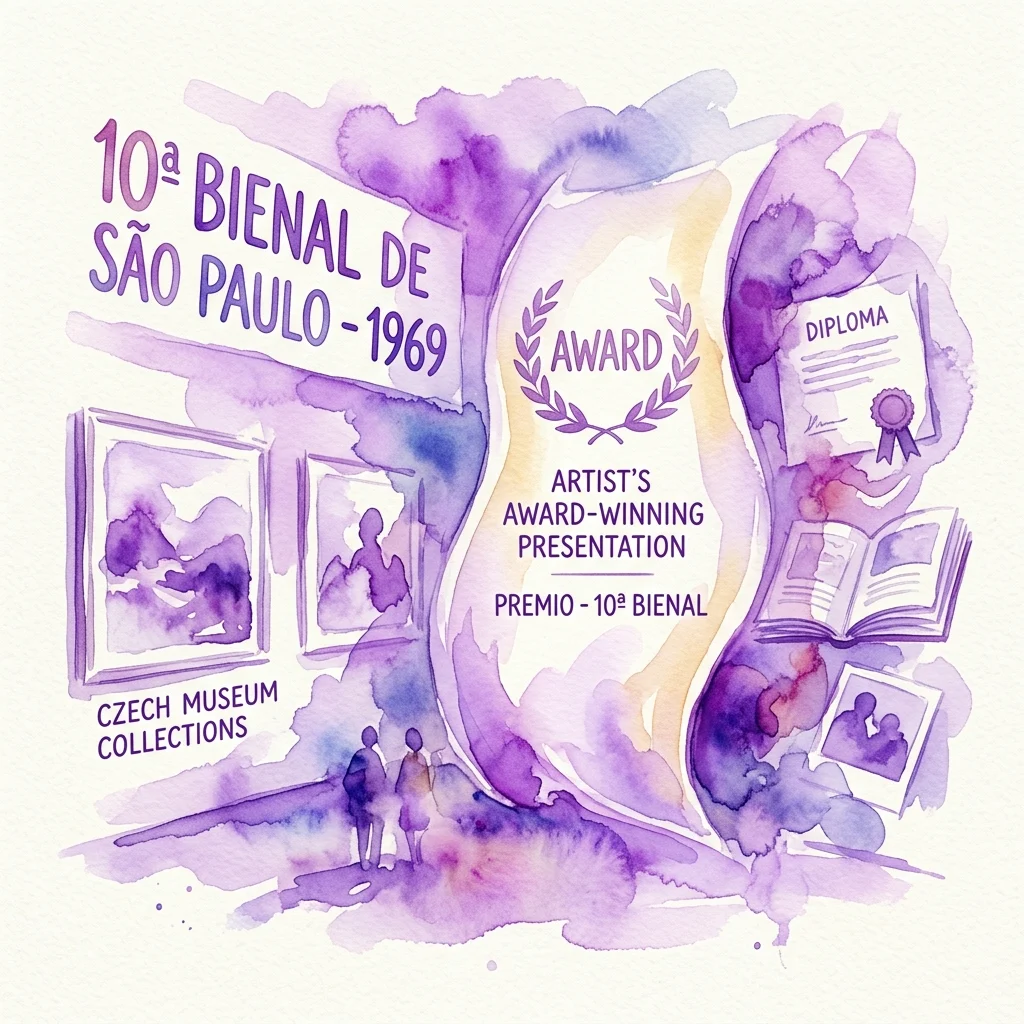 Ilustracja akwarelowa nagrodzonej prezentacji Jiříego Kolářa na 10. Biennale w São Paulo w 1969 roku, zawierająca dzieła z czeskich kolekcji muzealnych i materiały archiwalne.