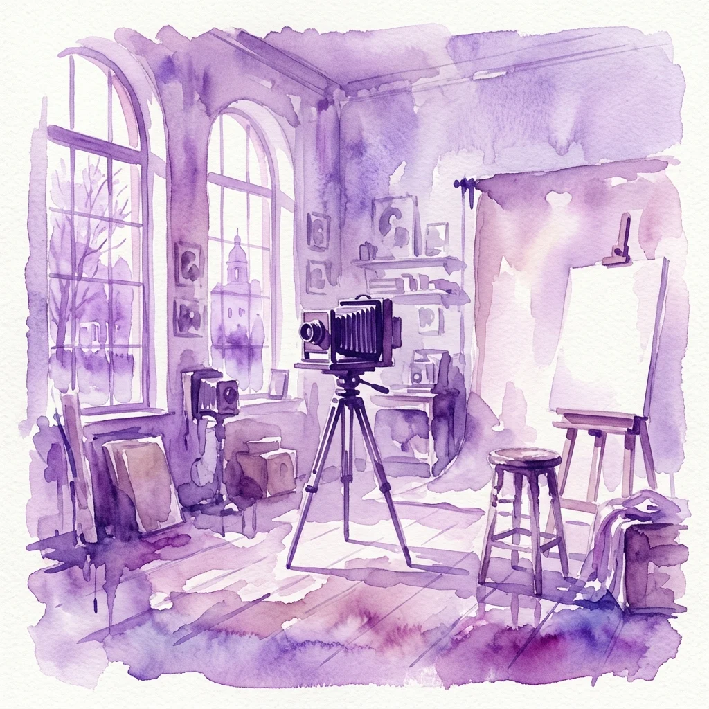 Waterverfillustratie van Josef Sudek's historische fotostudio met vintage camera's, ezel en grote boogramen, die een creatieve artistieke ruimte oproept.