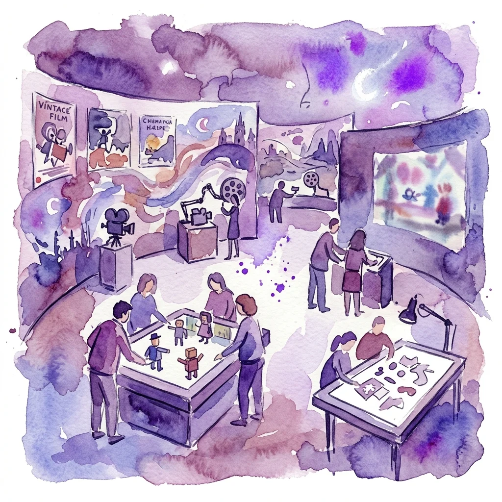An interactive exhibition at the Karel Zeman Museum featuring visitors experimenting with stop-motion animation and vintage filmmaking techniques, surrounded by whimsical watercolor illustrations of classic film scenes and posters.