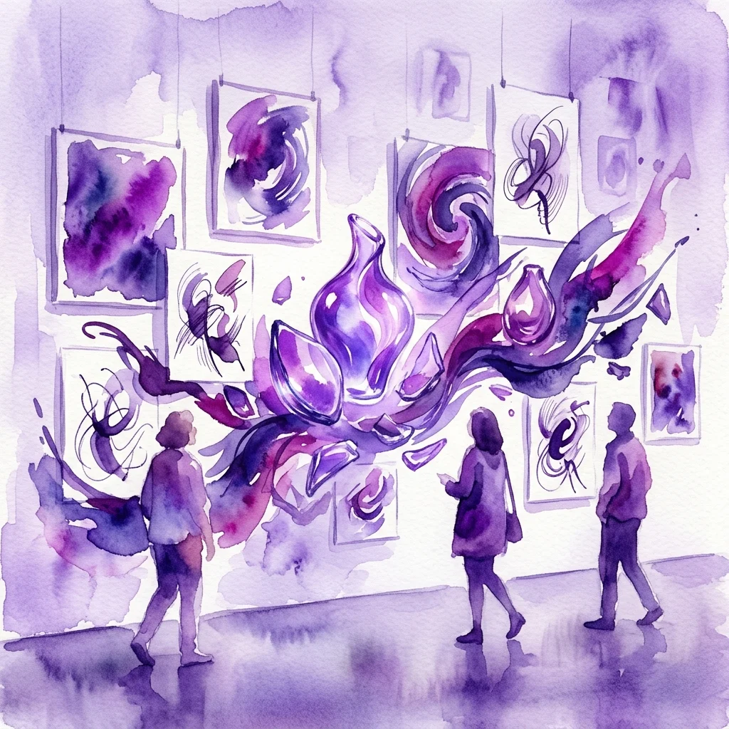 Een aquarelillustratie van een kunstgalerie met abstracte schilderijen en glassculpturen in paarse tinten, met bezoekers die de werken bekijken.