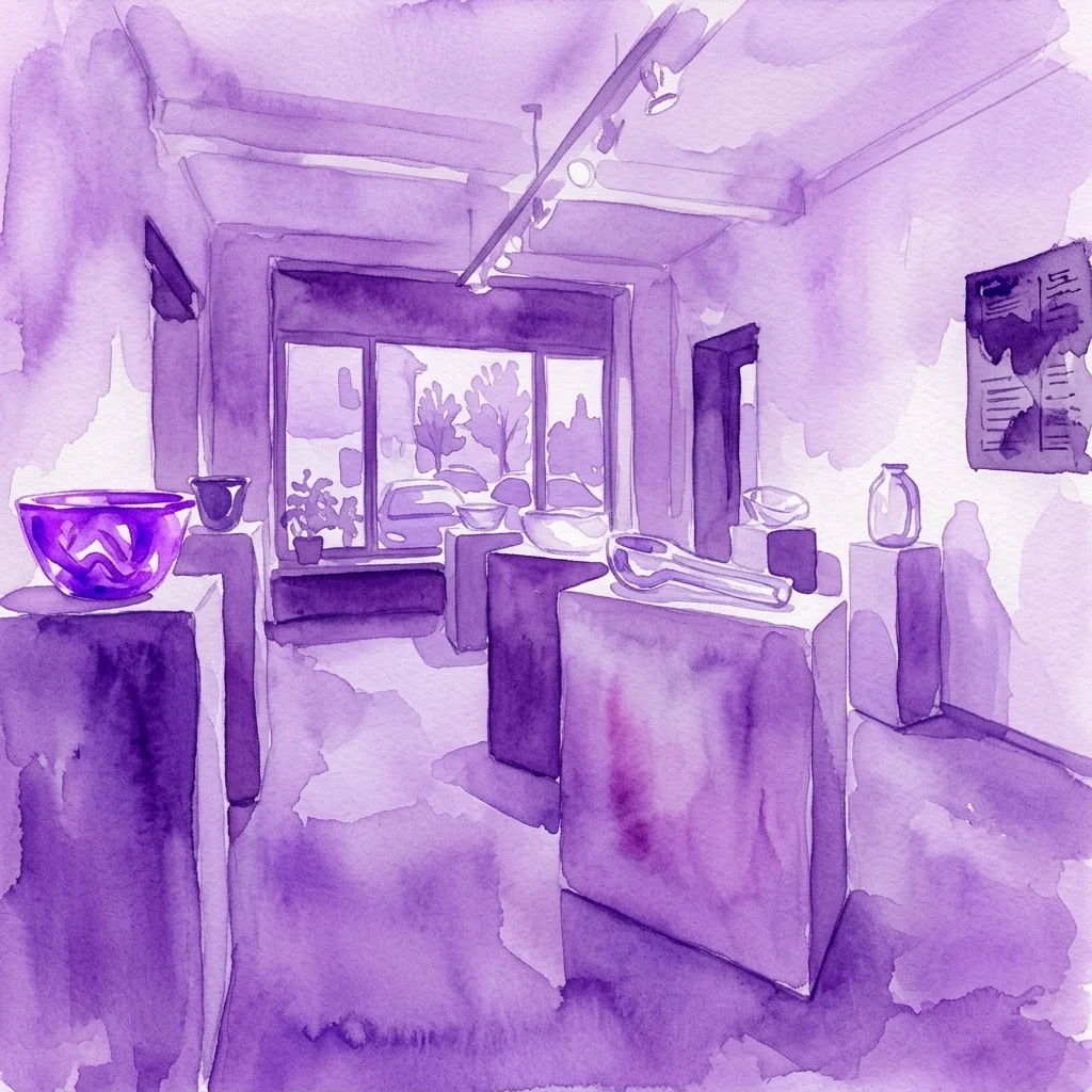 Waterverfillustratie van het interieur van de Kuzebauch Gallery met glaskunstsculpturen op minimalistische sokkels, badend in zacht paars licht, met nadruk op hedendaags design en vakmanschap.