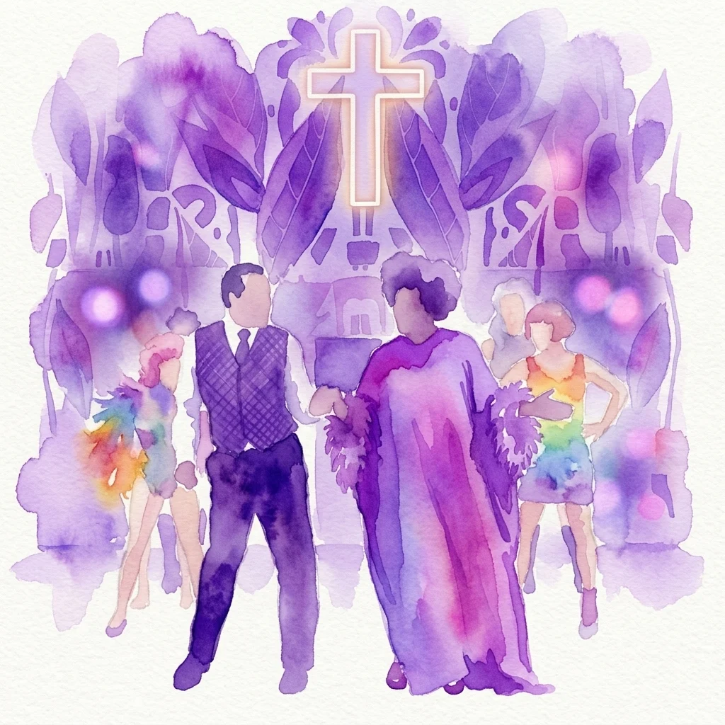 Ilustracja akwarelowa sceny teatralnej z "La Cage Aux Folles", przedstawiająca artystów drag i centralną postać w fioletowej sukni, na tle żywej purpurowej kurtyny ze świecącym krzyżem.