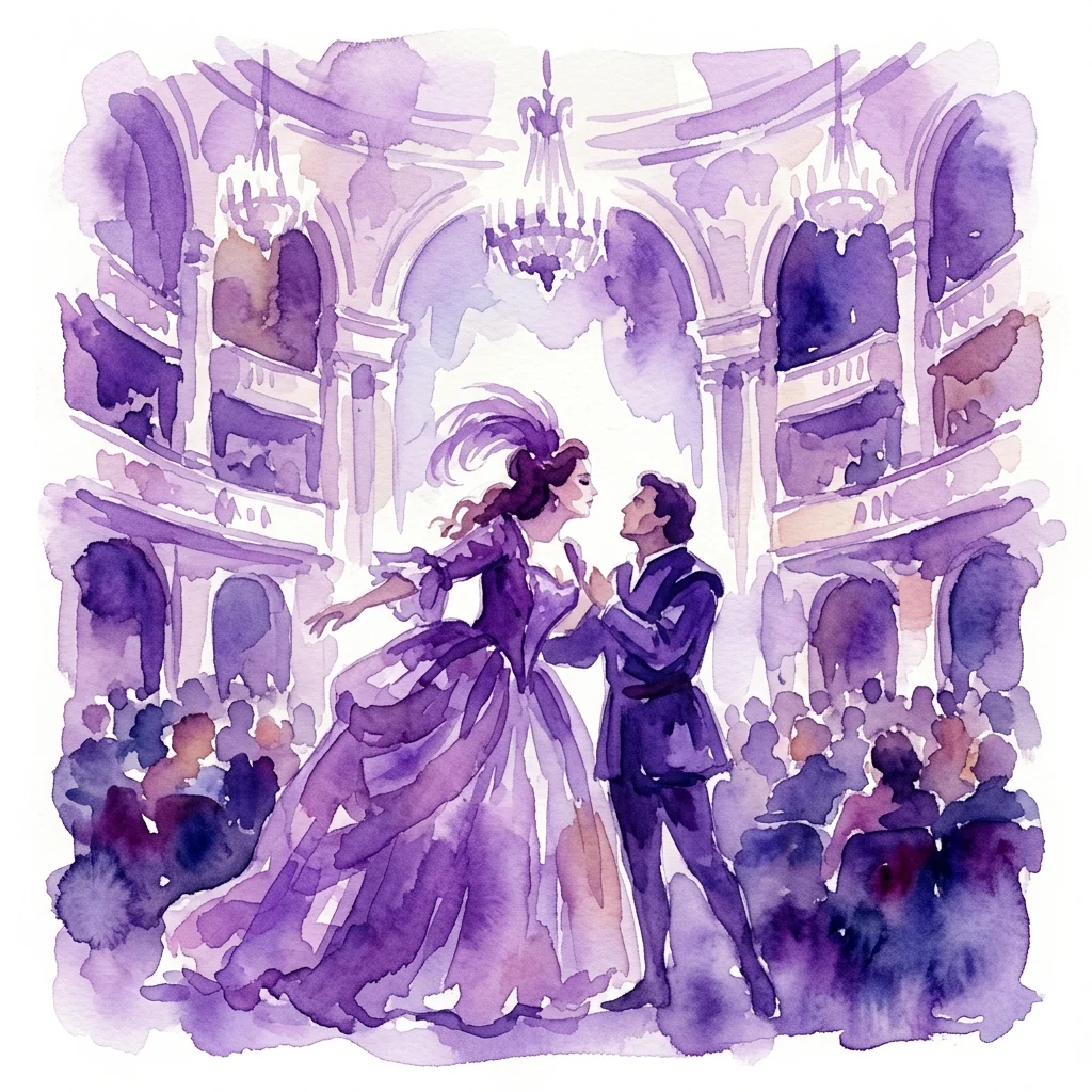 Watercolor illustration of a dramatic opera scene from La traviata, featuring a soprano in a lavish purple gown and a male singer on stage in a grand opera house with chandeliers and audience.