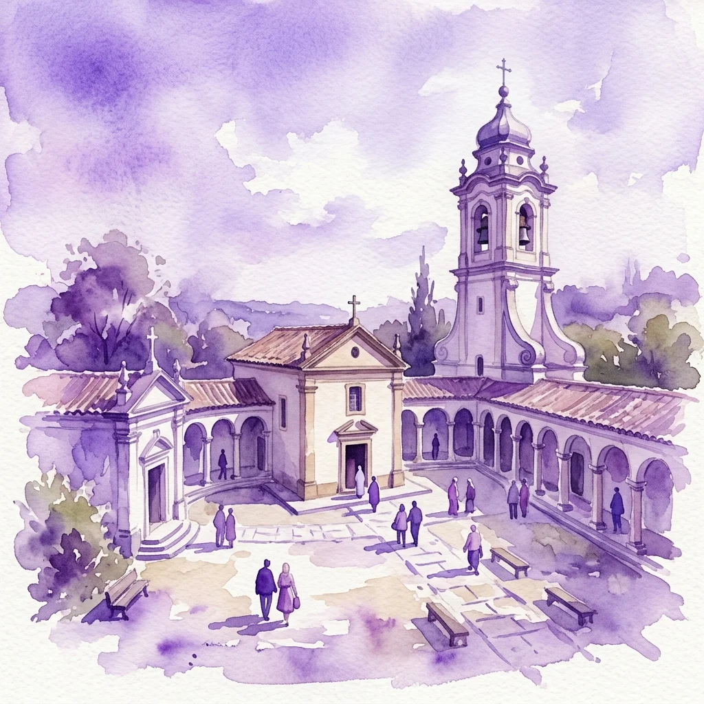 Ilustracja akwarelowa Loreto, barokowego miejsca pielgrzymek z repliką Świętego Domu, krużgankami, kaplicami i charakterystyczną dzwonnicą, przedstawiająca zwiedzających eksplorujących spokojny teren.