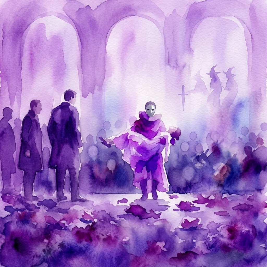 A watercolor illustration of a dramatic opera scene from Macbeth, featuring a central figure in a mask and purple robes, with silhouetted figures and witches in the background, evoking themes of power and fate.
