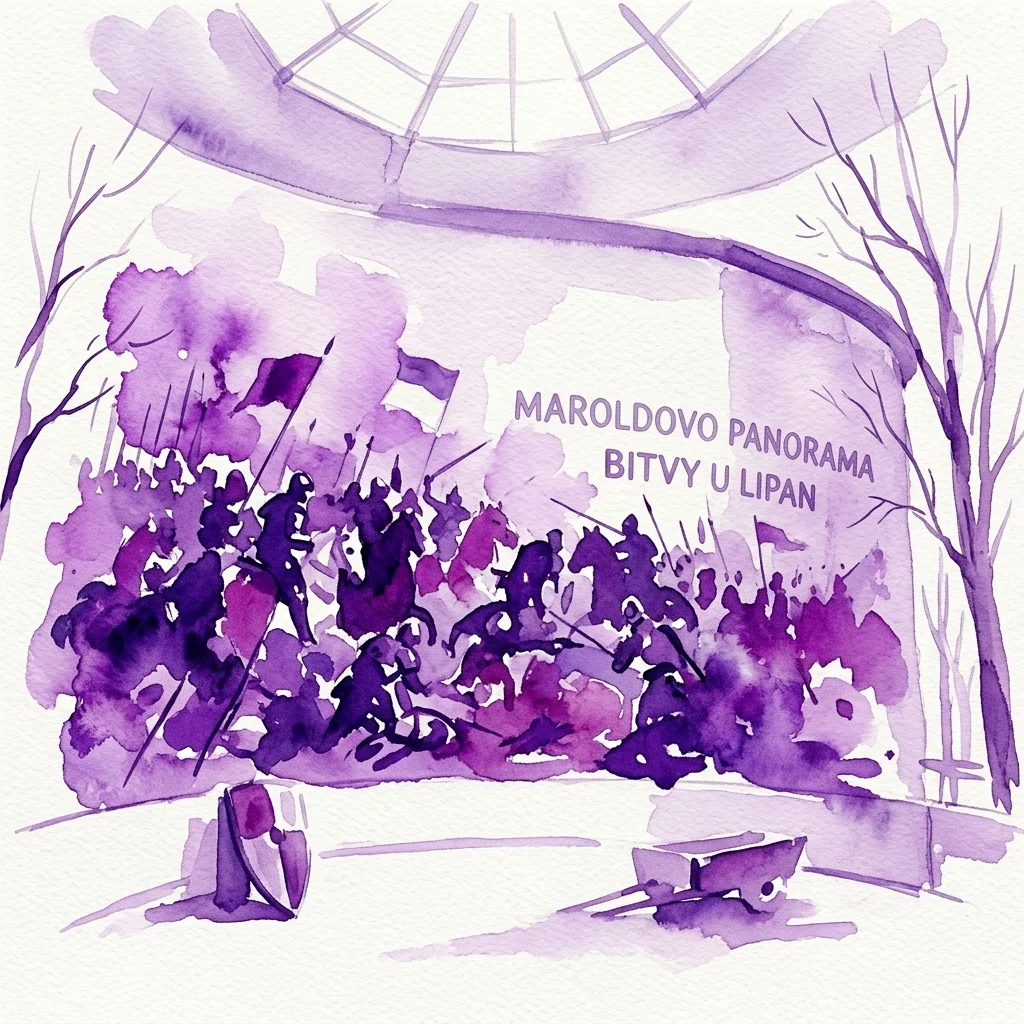 Een paarse aquarelillustratie van het Marold Panorama dat de Slag bij Lipany afbeeldt, met middeleeuwse soldaten te paard en te voet in gevecht, met de naam van de tentoonstelling op de gebogen muur geschreven.