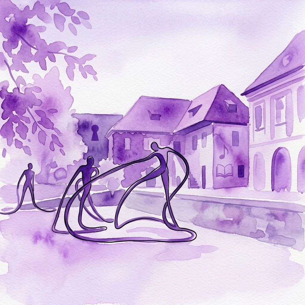 Purple watercolor illustration of the Convent of St. Agnes of Bohemia, featuring Gothic architecture and symbolic figures, representing the Medieval Art in Bohemia and Central Europe 1200–1550 exhibition.