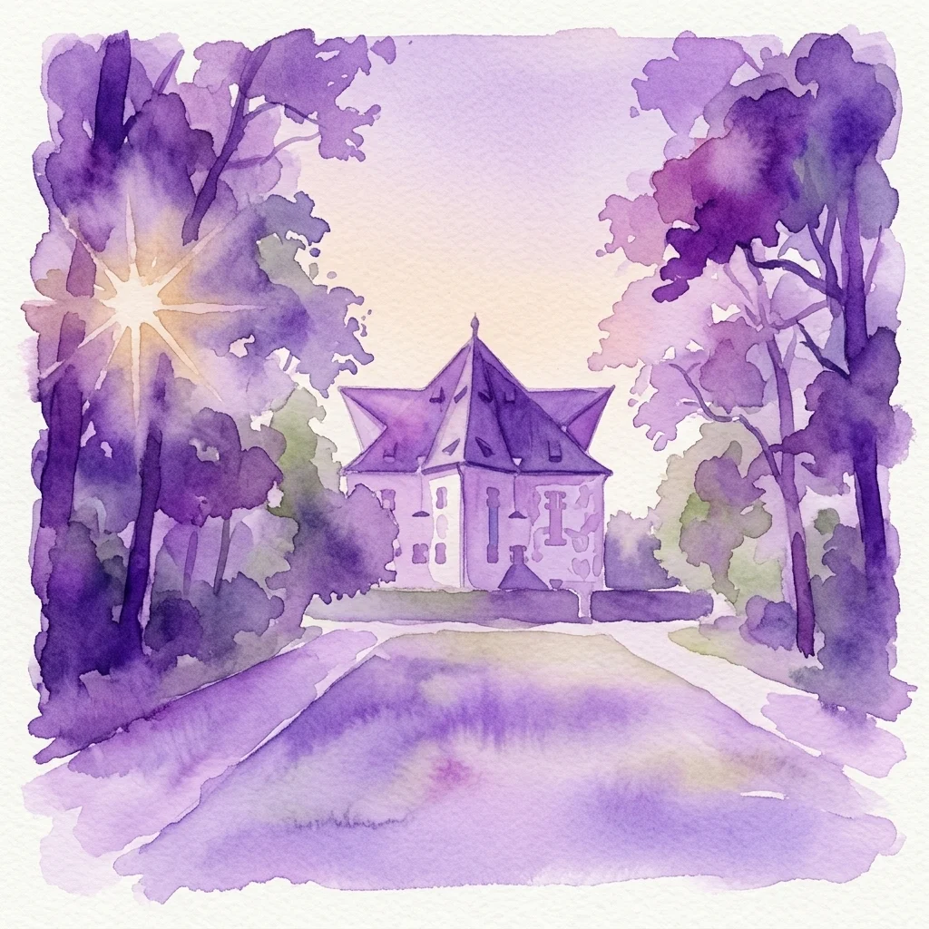 Ilustración en acuarela del Palacio de Verano Hvězda, un edificio renacentista con forma de estrella de seis puntas, rodeado de árboles y un sendero, con la luz del sol filtrándose entre el follaje.