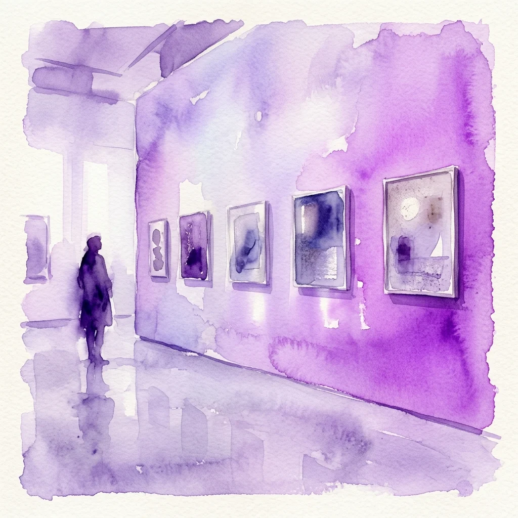 Ilustración en acuarela de una sala de exposición contemplativa en tonos púrpuras, en la que se ve a un visitante observando obras de arte enmarcadas en la pared para la exposición Memory of Touch.