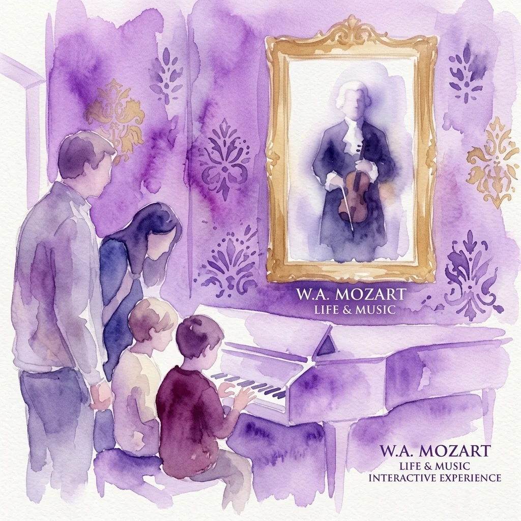 Waterverfillustratie van een gezin dat een interactieve tentoonstelling bezoekt in het Mozart Interactief Museum, met een portret van W.A. Mozart en een kind dat piano speelt.