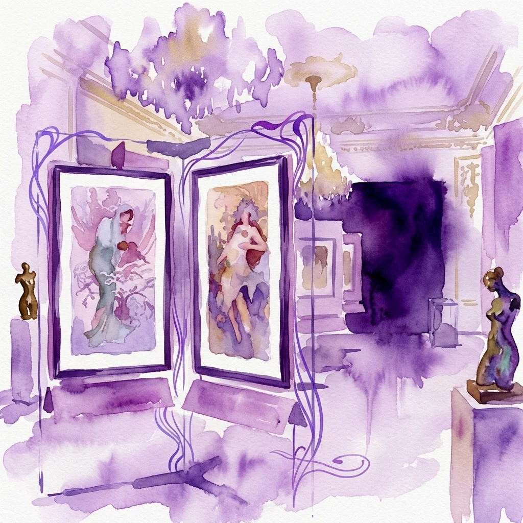 Waterverfillustratie van een Art Nouveau-galerie met ingelijste schilderijen en sculpturen in een paarse kamer, die de stijl van Alphonse Mucha weerspiegelt.