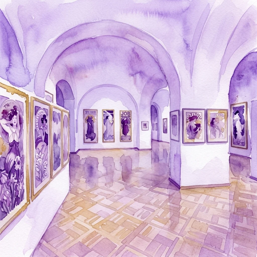 Waterverfillustratie van de Mucha Museum galerij met gewelfde plafonds, paars getinte Art Nouveau kunstwerken van Alfons Mucha, en een betegelde vloer met patronen.