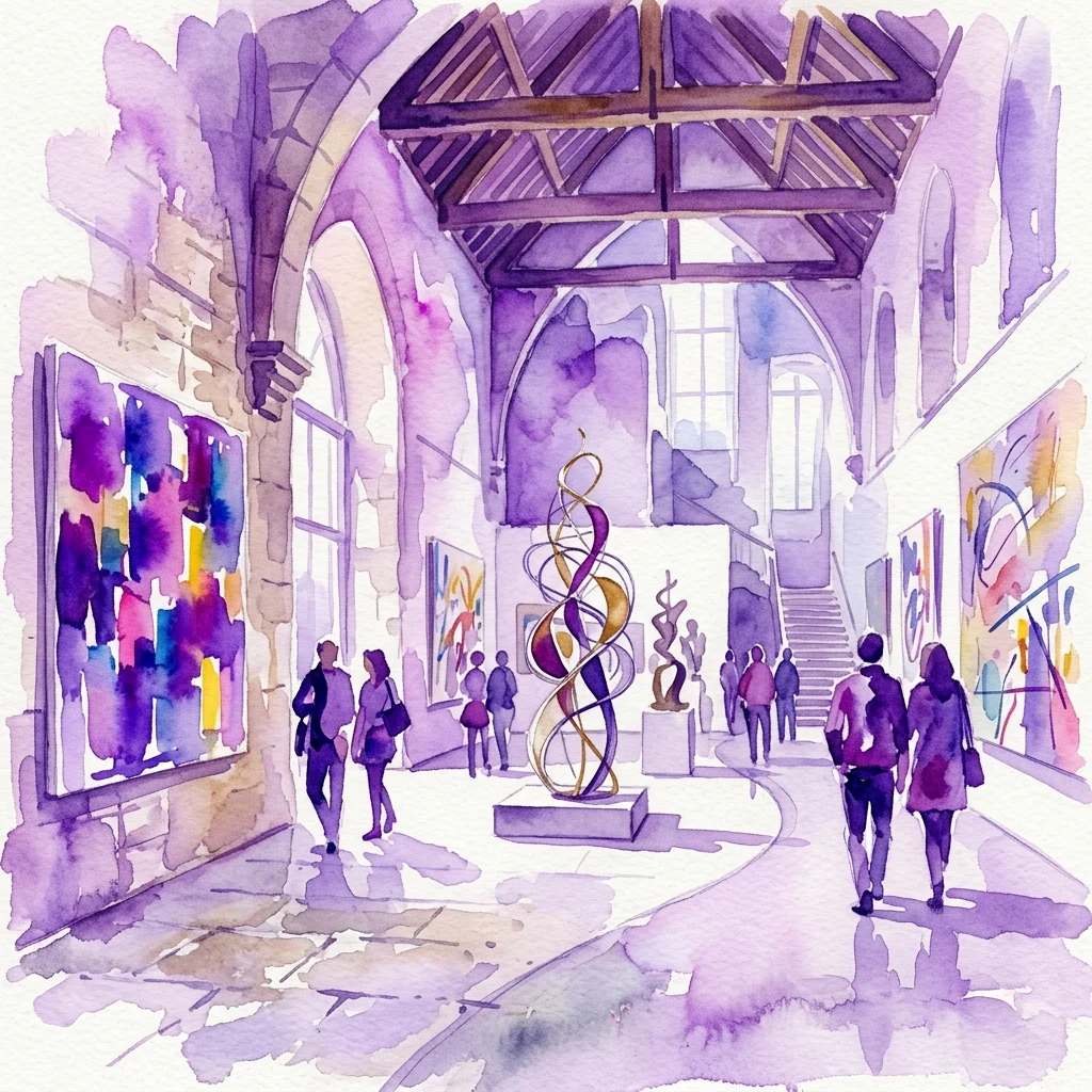 Wnętrze MuMo – Muzeum Montanelli w Pradze, prezentujące widok w stylu akwareli przedstawiający zwiedzających eksplorujących współczesne instalacje artystyczne, w tym żywe obrazy i centralną rzeźbę, w zabytkowym budynku z łukowymi sufitami i odsłoniętymi belkami.