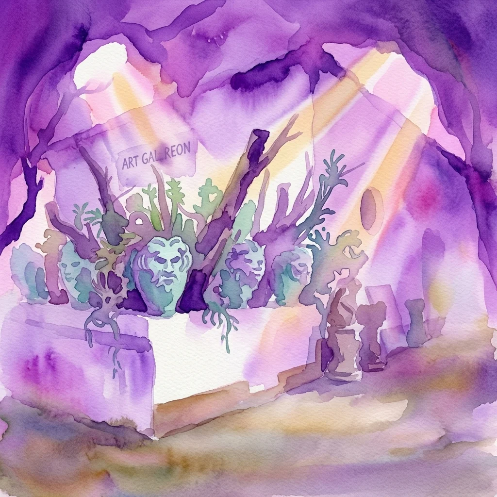 Ilustracja akwarelowa fantastycznego wnętrza jaskini z wizjonerską sztuką, przedstawiająca rzeźby, spersonalizowane rośliny i promienie światła, wywołująca oniryczną atmosferę w Muzeum Argondie.