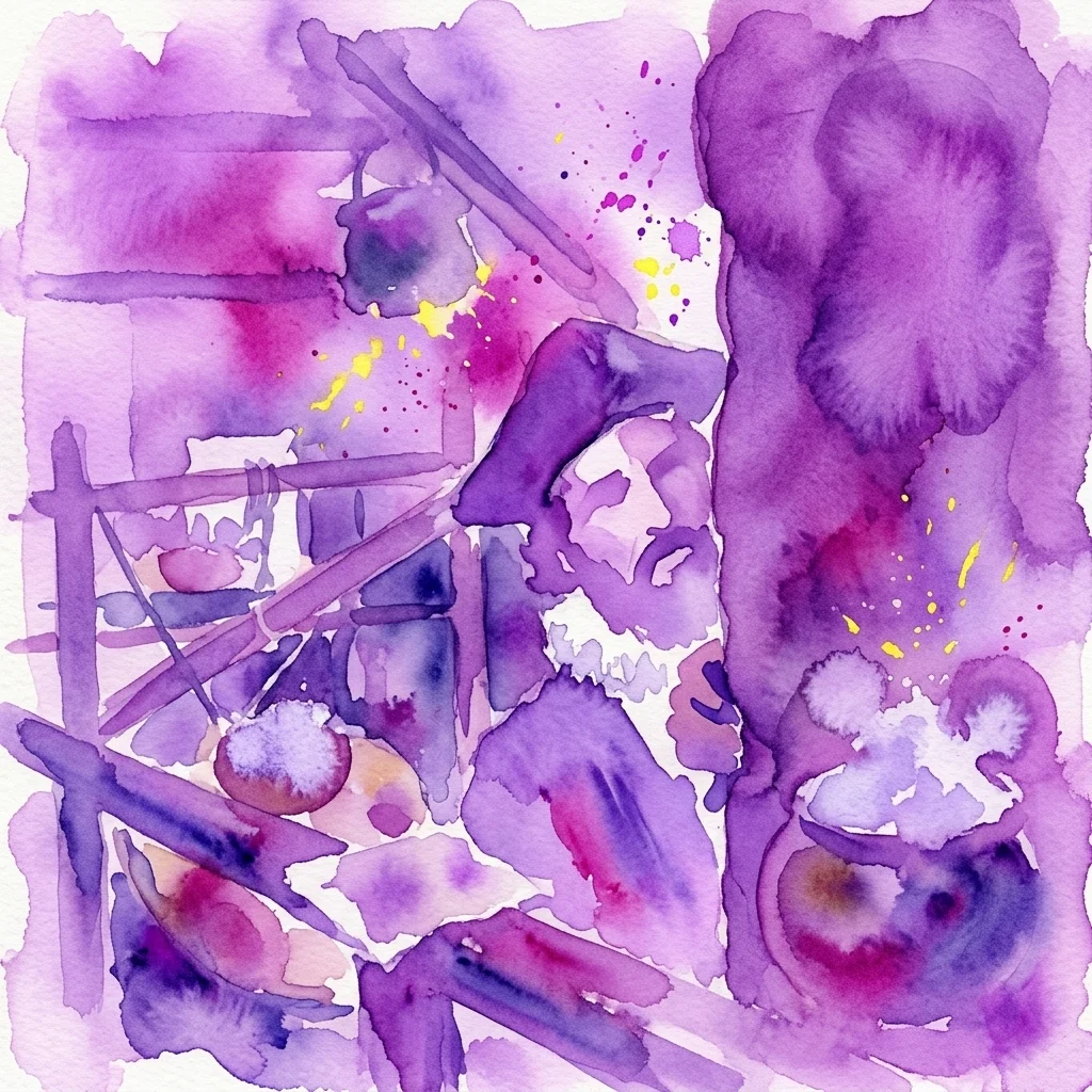 Obra de arte abstracta en acuarela en tonos púrpuras y amarillos, que representa el laboratorio de un alquimista con calderos y elementos místicos, evocando misterio histórico y búsqueda científica.