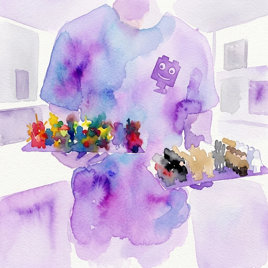 Ilustracja akwarelowa przedstawiająca osobę trzymającą tace z kolorowymi modelami LEGO, reprezentującymi wystawę Museum of Bricks.