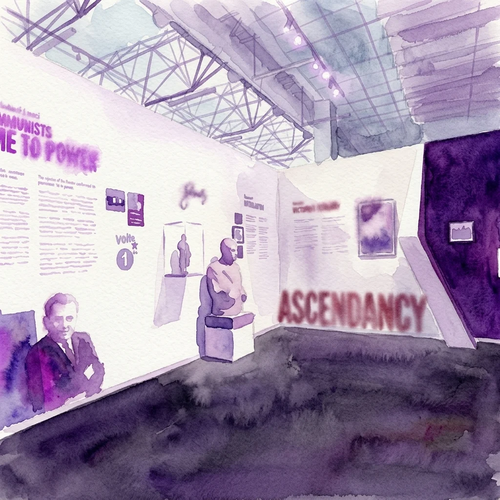 Ilustracja akwarelowa wystawy muzealnej poświęconej komunizmowi w Czechosłowacji, przedstawiająca plakaty propagandowe, posąg i panele informacyjne pod sufitem w stylu industrialnym.