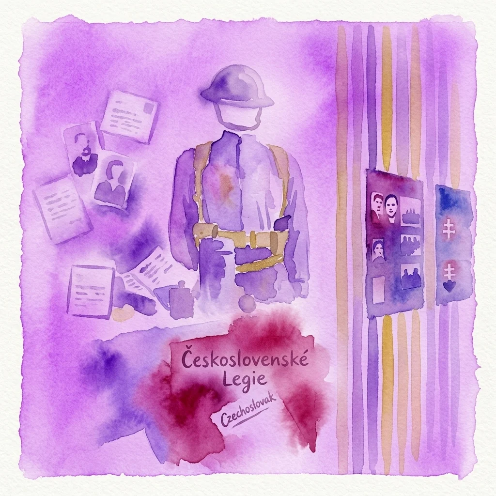 Waterverfillustratie van een Tsjecho-Slowaakse legionair met uniform, helm en historische artefacten zoals foto's en brieven, ter herdenking van de geschiedenis van de Tsjecho-Slowaakse legioenen tijdens de Eerste Wereldoorlog.