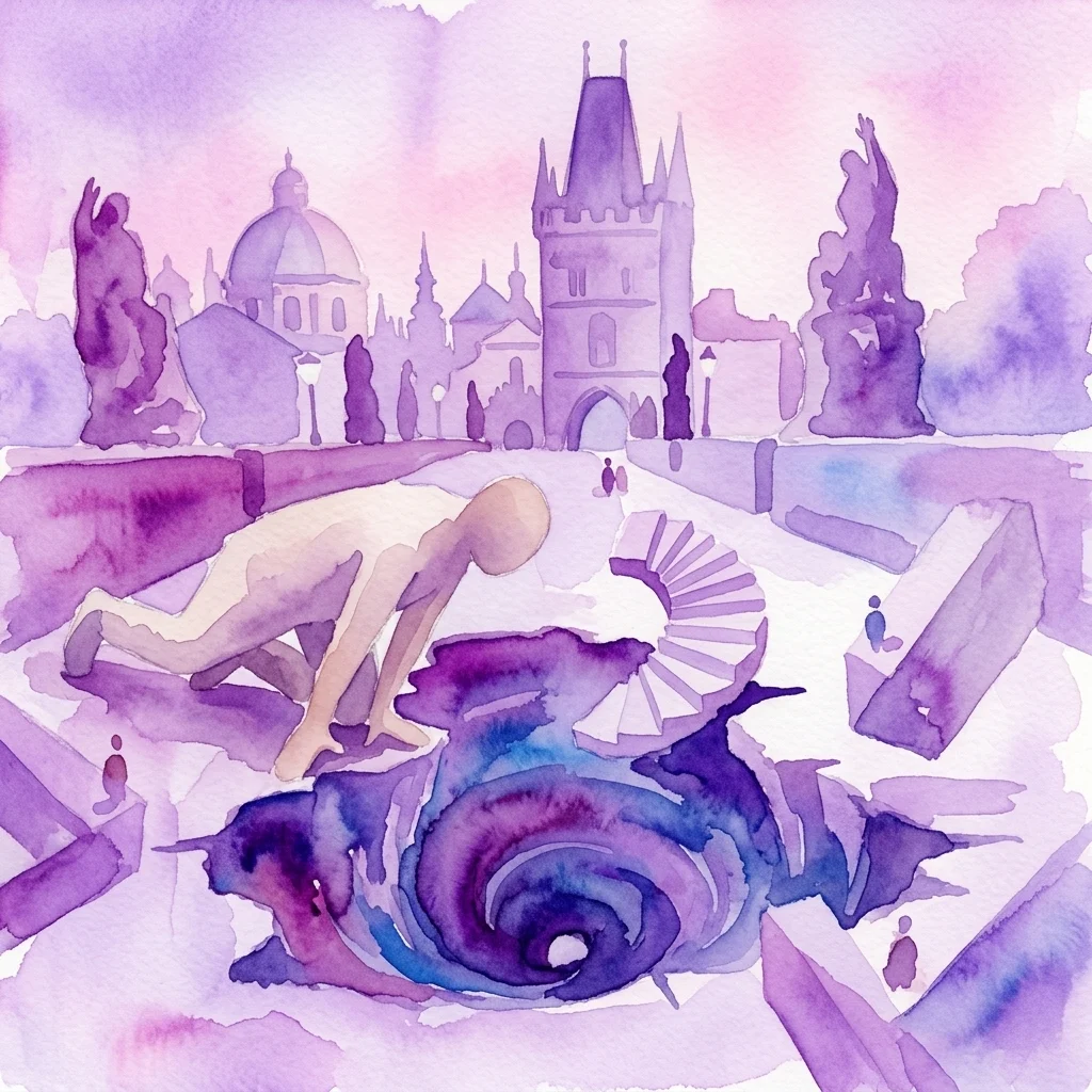 Ilustracja akwarelowa Muzeum Fantastycznych Iluzji, przedstawiająca surrealistyczną scenę z postacią czołgającą się po zniekształconej powierzchni, kręconymi schodami i historyczną architekturą Pragi w tle, wszystko wykonane w żywych fioletowych i niebieskich barwach.