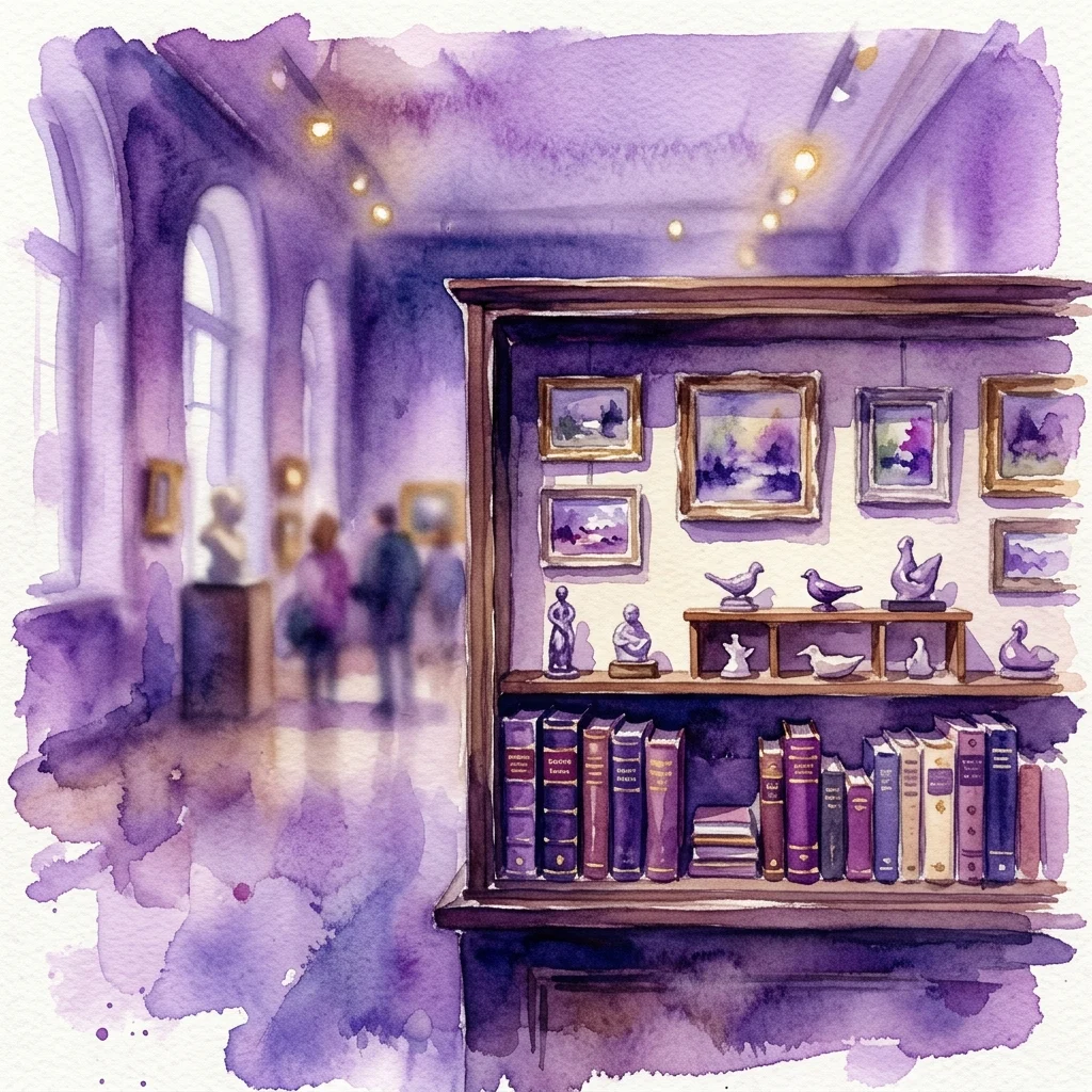 Ilustracja akwarelowa galerii muzealnej z gablotą prezentującą mikrominiaturowe dzieła sztuki, książki i rzeźby w miękkim oświetleniu.