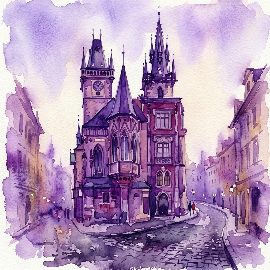 Ilustracja akwarelowa Domu pod Złotym Pierścieniem w Pradze, ukazująca jego gotycką i renesansową architekturę przy brukowanej ulicy, przywołująca historyczną głębię.