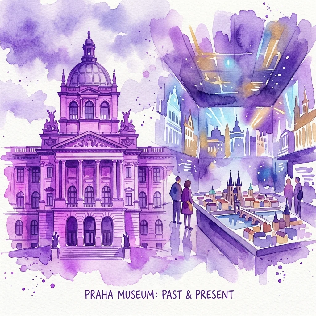 Ilustracja akwarelowa zabytkowego budynku Muzeum Pragi w stylu neorenesansowym z dopracowanym papierowym modelem starej Pragi i wciągającymi projekcjami w nowoczesnej sali wystawowej.