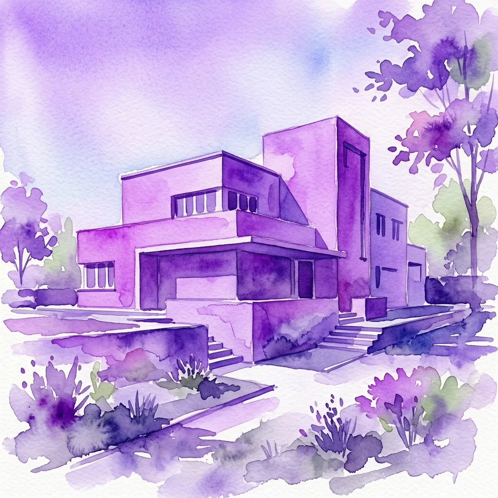 Ilustracja akwarelowa Villi Müller, modernistycznego arcydzieła architektonicznego autorstwa Adolfa Loosa w Pradze, charakteryzującego się geometrycznymi formami i minimalistycznym designem.