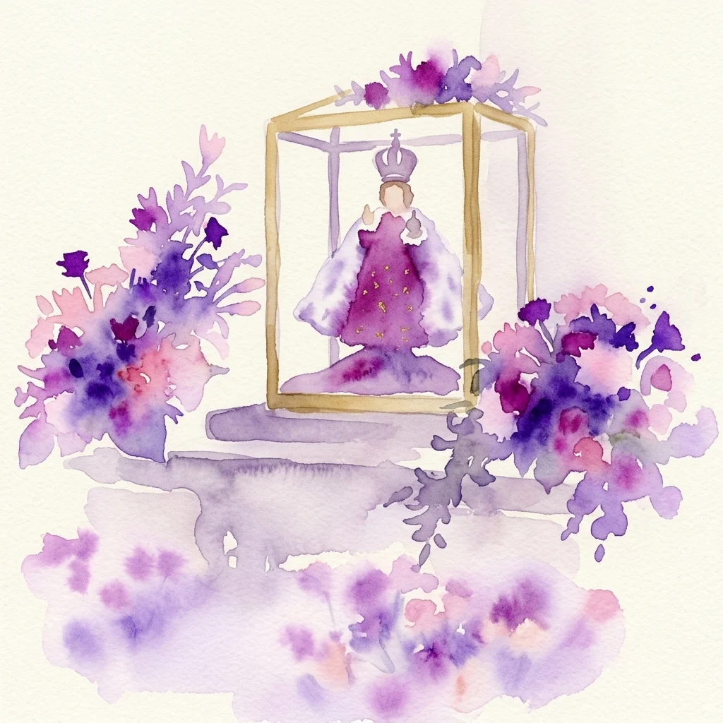 Ilustracja akwarelowa przedstawiająca posąg Dzieciątka Jezus Praskiego w szklanej gablocie, ozdobiona purpurowymi i białymi szatami oraz koroną, otoczona aranżacjami kwiatowymi.
