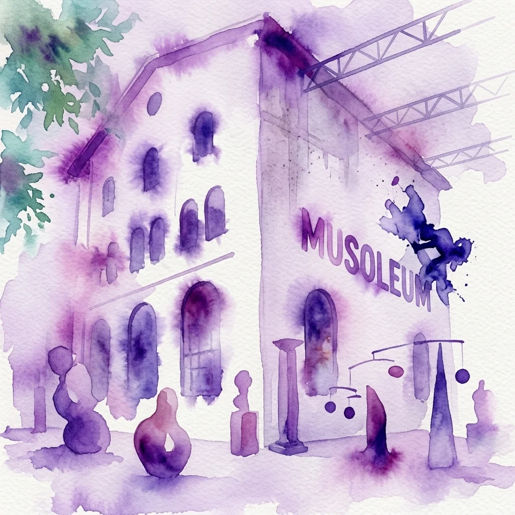 Waterverfillustratie van de buitenkant van de Musoleum-galerij, met hedendaagse sculpturen en installaties voor het historische Varna Brewhouse-gebouw met industriële architecturale elementen.