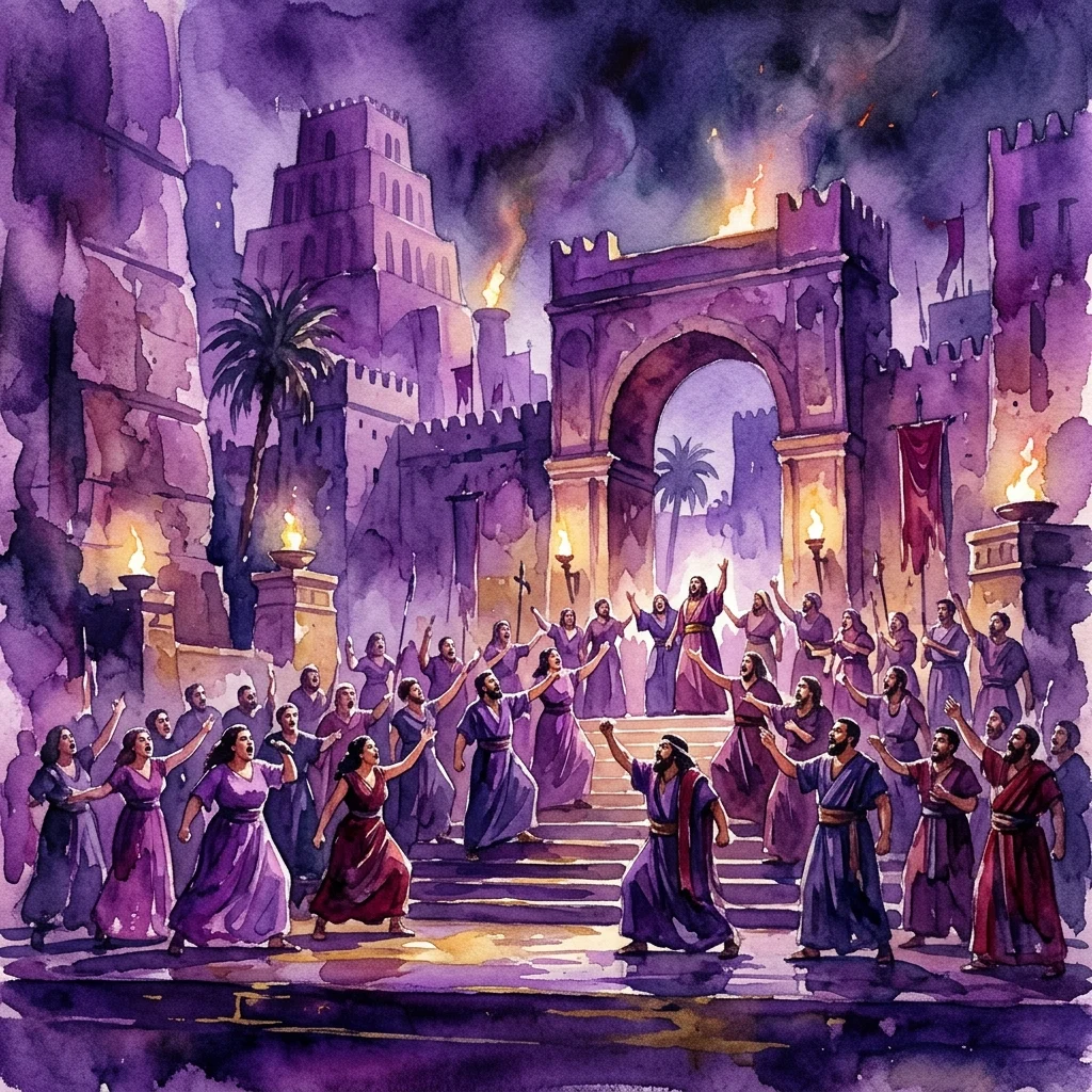 A watercolor illustration of an opera scene from Verdi's Nabucco, showing a chorus of singers in ancient Babylonian attire performing on stage with dramatic lighting and burning structures in the background.