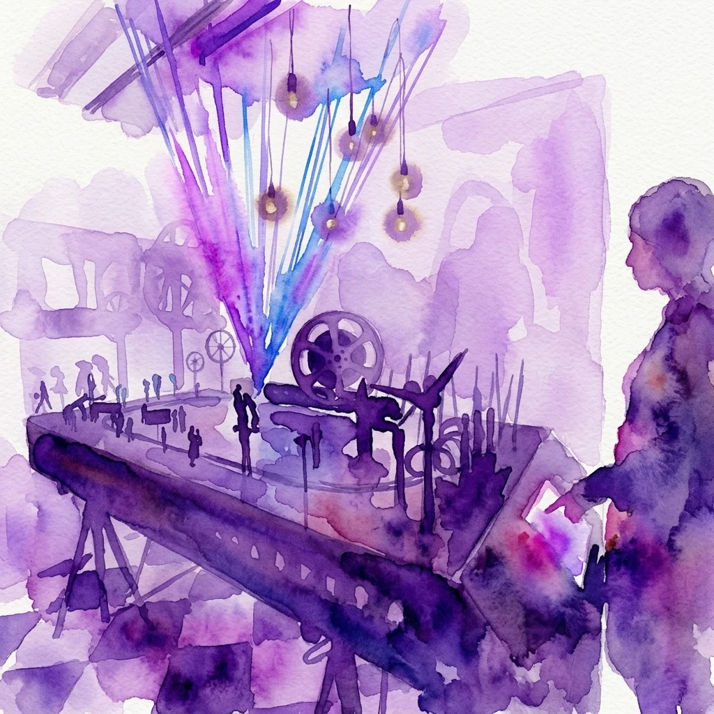 Ilustracja akwarelowa interaktywnej wystawy muzealnej w Narodowym Muzeum Filmowym NaFilM, przedstawiająca zabytkowy sprzęt filmowy, rolki filmowe i zwiedzających zgłębiających historię kinematografii.