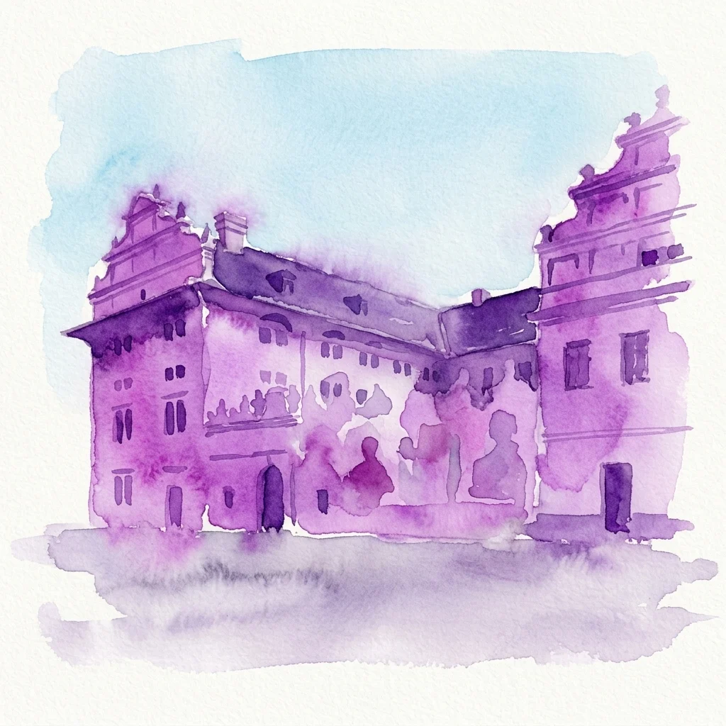 Ilustracja akwarelowa Zamku Schwarzenbergów w Pradze, prezentująca jego renesansową architekturę z detalami sgraffito i fioletowymi odcieniami na tle jasnoniebieskiego nieba.