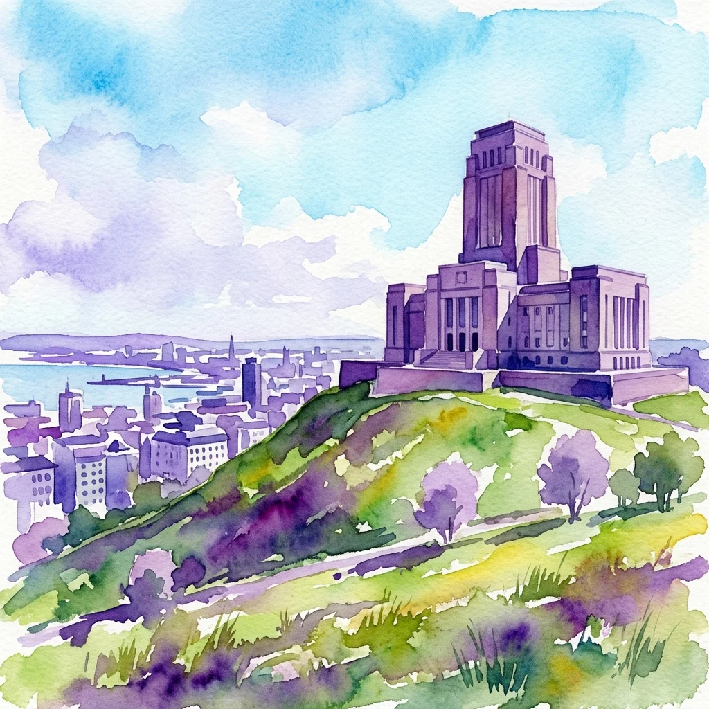 Ilustracja akwarelowa Pomnika Narodowego na Wzgórzu Vítkov, monumentalnego granitowego budynku o funkcjonalistycznej architekturze, położonego na szczycie porośniętego trawą wzgórza z widokiem na panoramę Pragi pod błękitnym niebem.