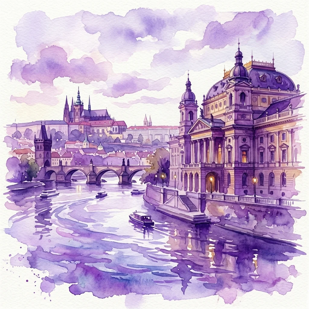 Waterverfillustratie van het Nationaal Museum — Bedřich Smetana Museum in Praag, met zijn neorenaissancistische architectuur langs de Moldau met uitzicht op de Praagse Burcht op de achtergrond.