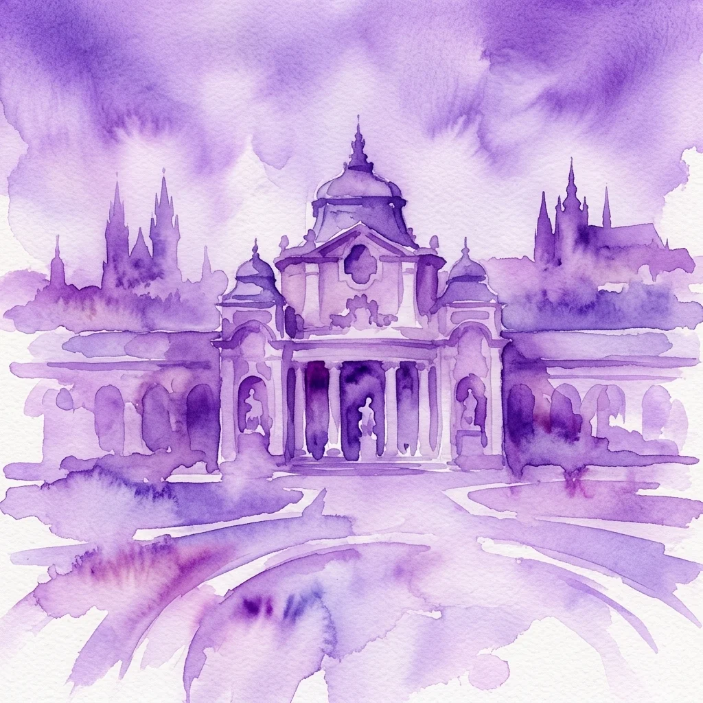 Een paars aquarel van het Nationaal Lapidarium Museum, een neoklassiek paviljoen met stenen sculpturen, tegen de historische skyline van Praag.
