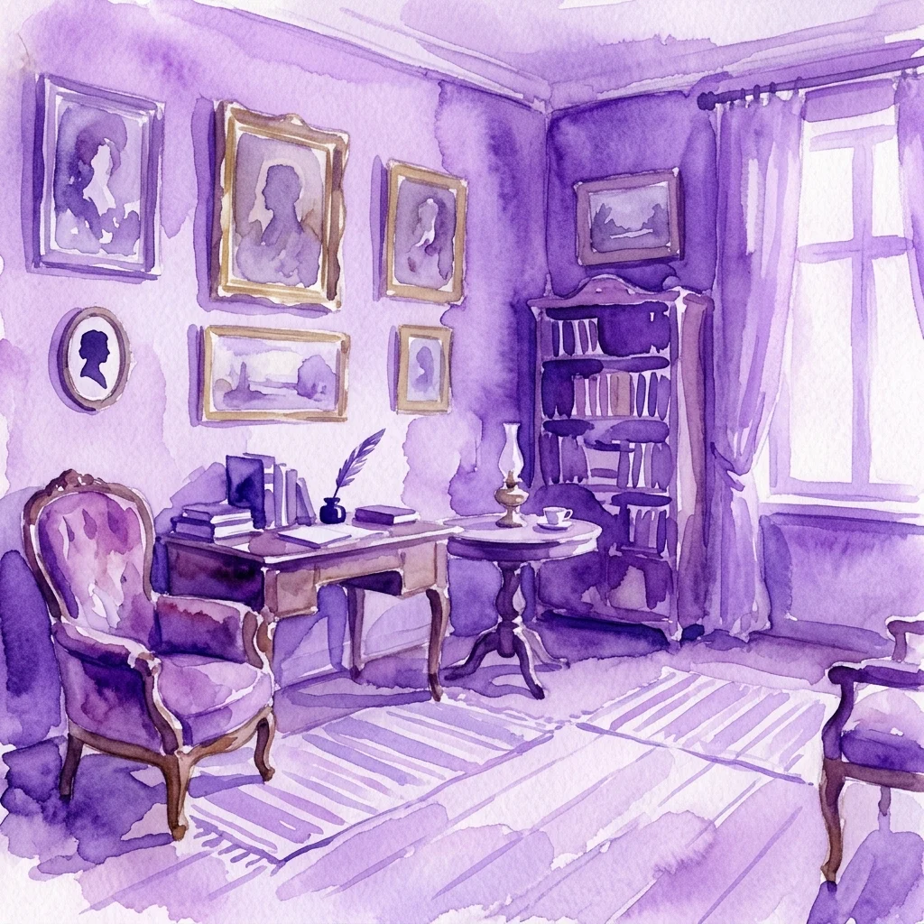 Ilustracja akwarelowa XIX-wiecznego gabinetu z fioletowymi ścianami, drewnianym biurkiem z gęsim piórem, oprawionymi portretami, regałem na książki i aksamitnym fotelem, przywołująca historyczną, intelektualną atmosferę.