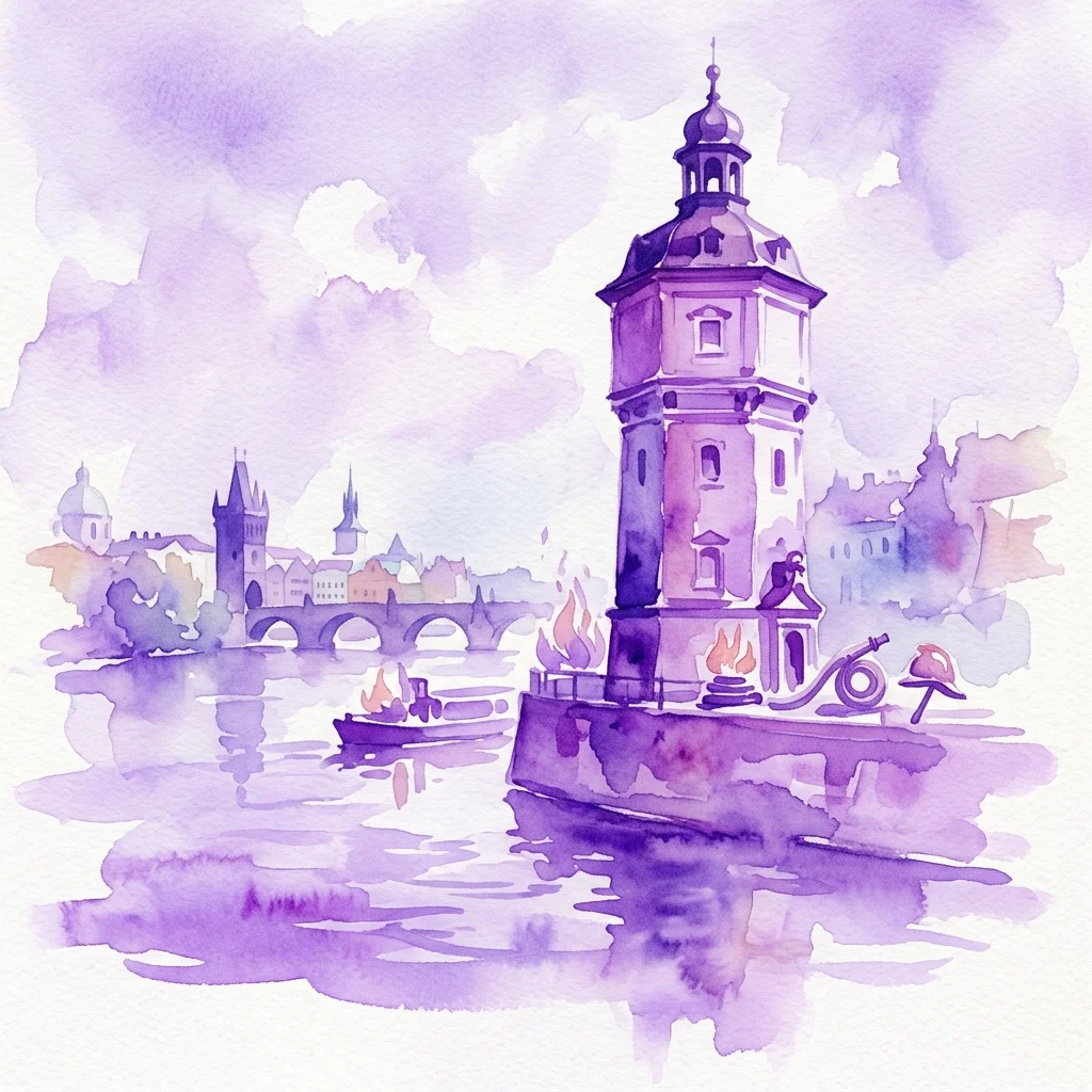Ilustracja akwarelowa Wieży Ciśnień Nowego Młyna w Pradze, barokowej budowli nad Wełtawą z wystawą poświęconą historii pożarnictwa w Pradze, prezentującą symbole związane z ogniem i most w tle.