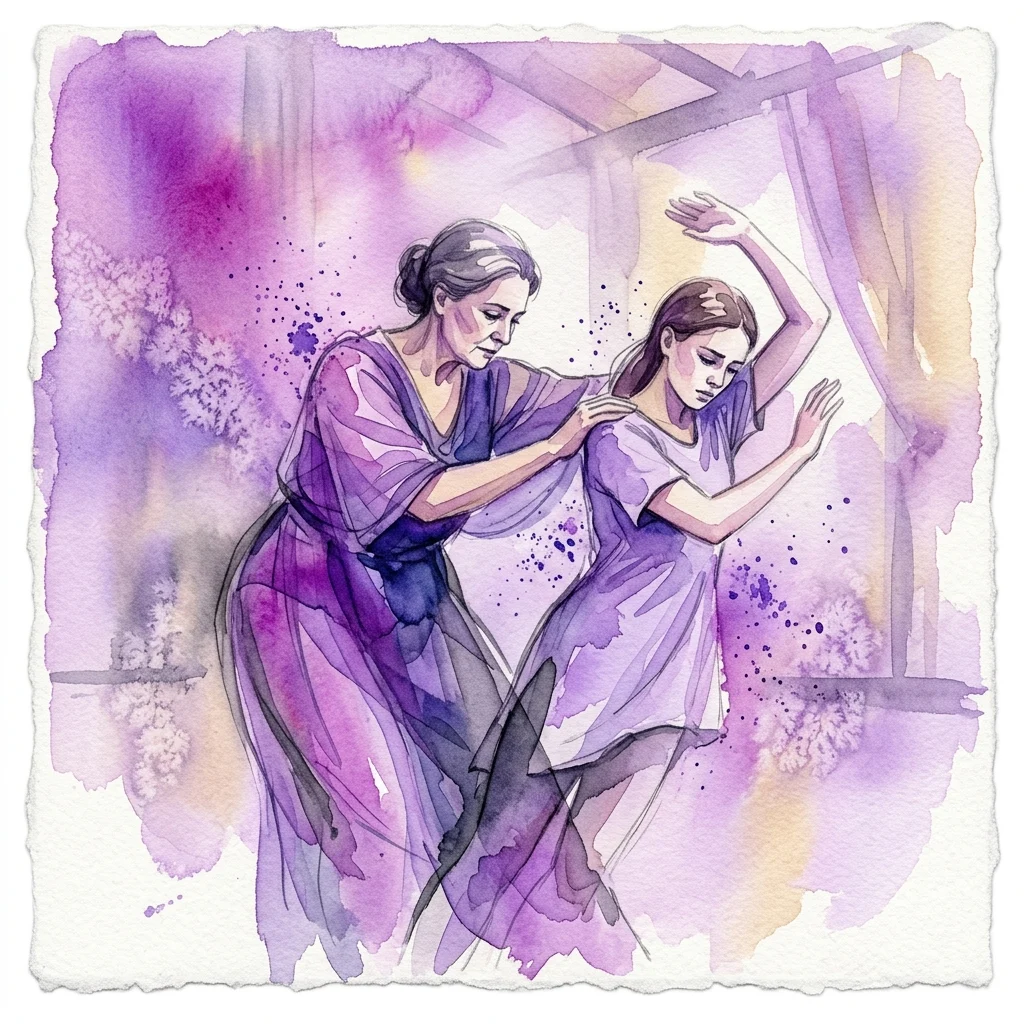 Watercolor illustration of a mother and daughter in a contemporary dance performance, exploring emotional connection and generational patterns through movement and tender interaction.