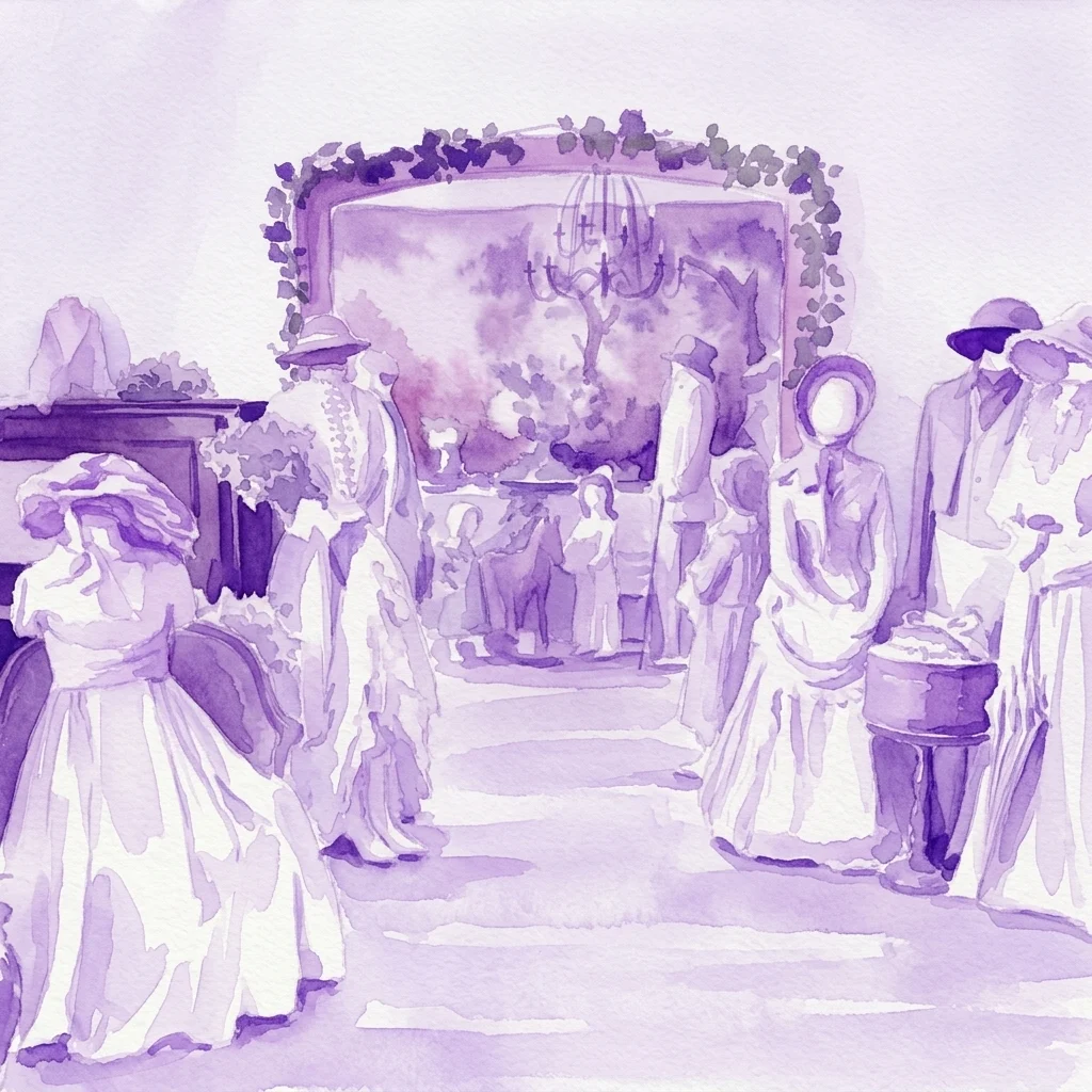 Ilustracja akwarelowa wystawy muzealnej prezentującej modę i akcesoria z epoki wiktoriańskiej i edwardiańskiej, z manekinami w strojach z epoki i żyrandolem w tle.