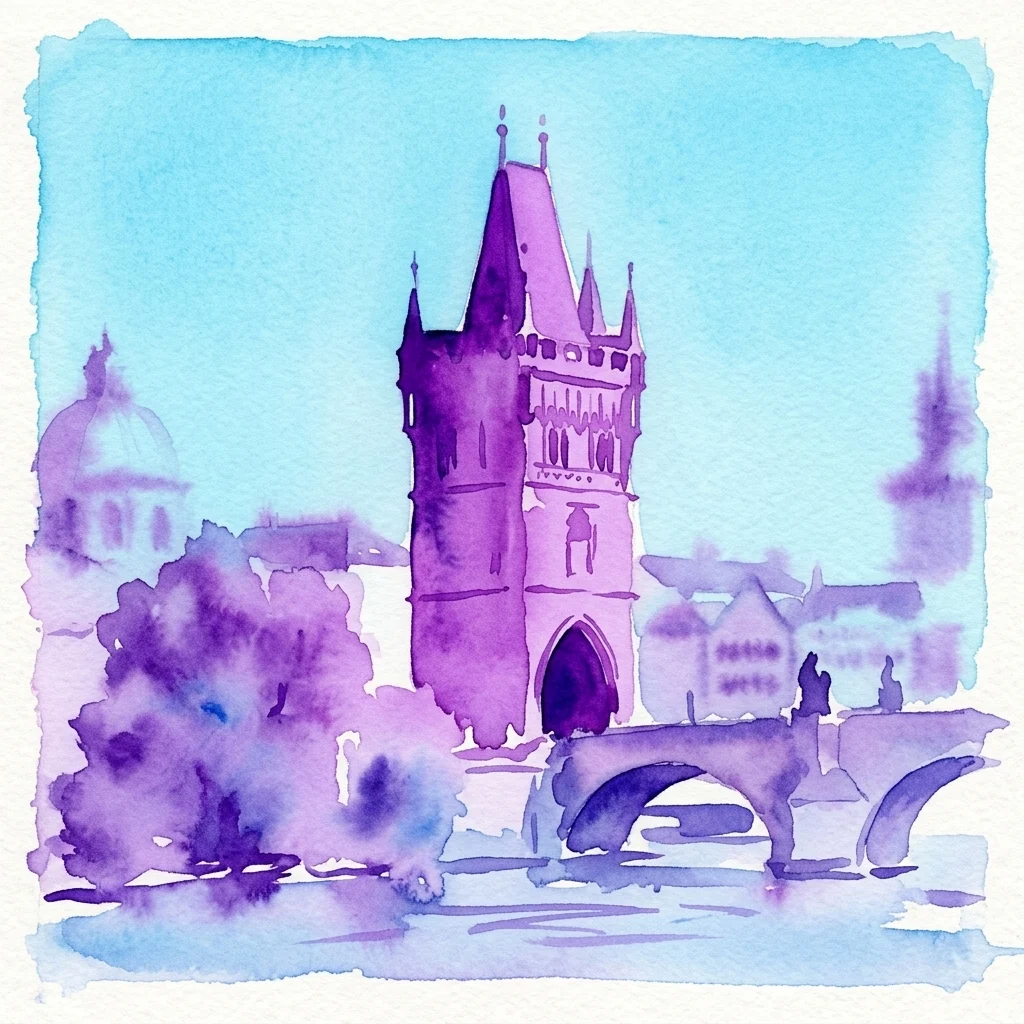 Ilustración en acuarela de la Torre del Puente de la Ciudad Vieja en Praga, destacando su arquitectura gótica y agujas contra un cielo azul, con el río Moldava y el paisaje urbano al fondo.