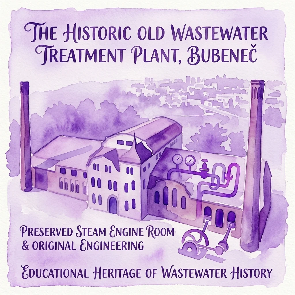 Waterverfillustratie van de historische Oude Afvalwaterzuiveringsinstallatie in Bubeneč, met aandacht voor de industriële architectuur, de bewaard gebleven stoommachineruimte en de originele technische systemen.