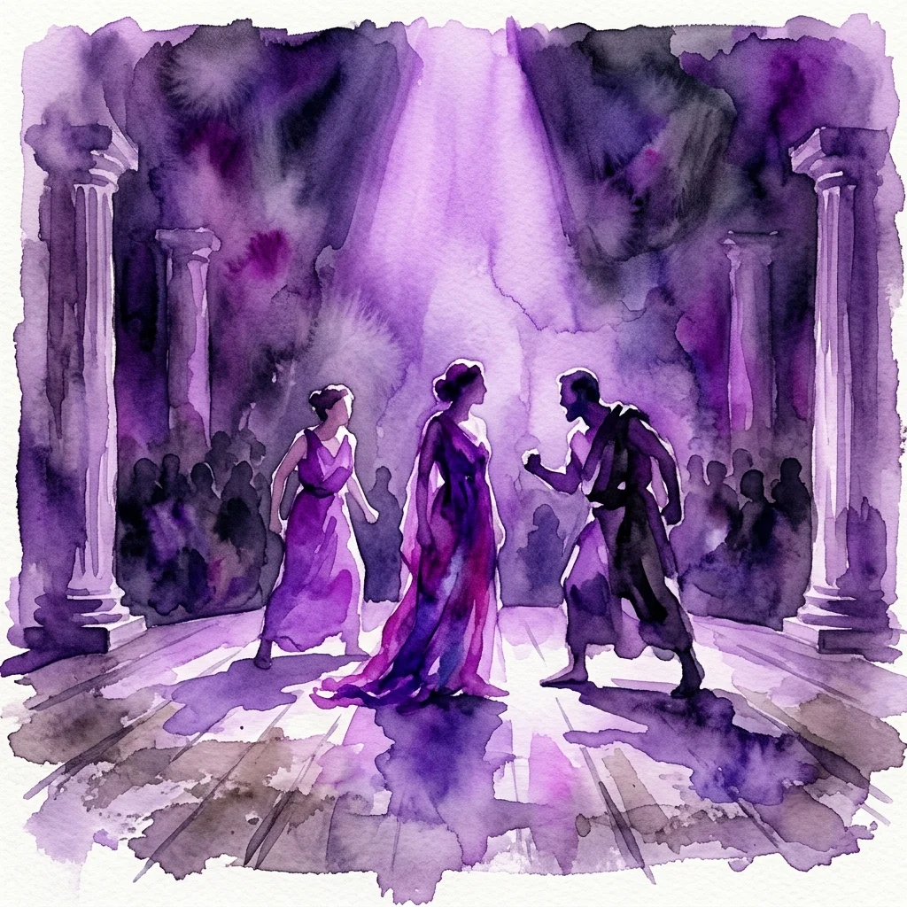 Watercolor illustration of a theatrical scene from Oresteia, featuring three figures in classical robes on a stage with columns and dramatic purple lighting, reflecting themes of conflict and justice.
