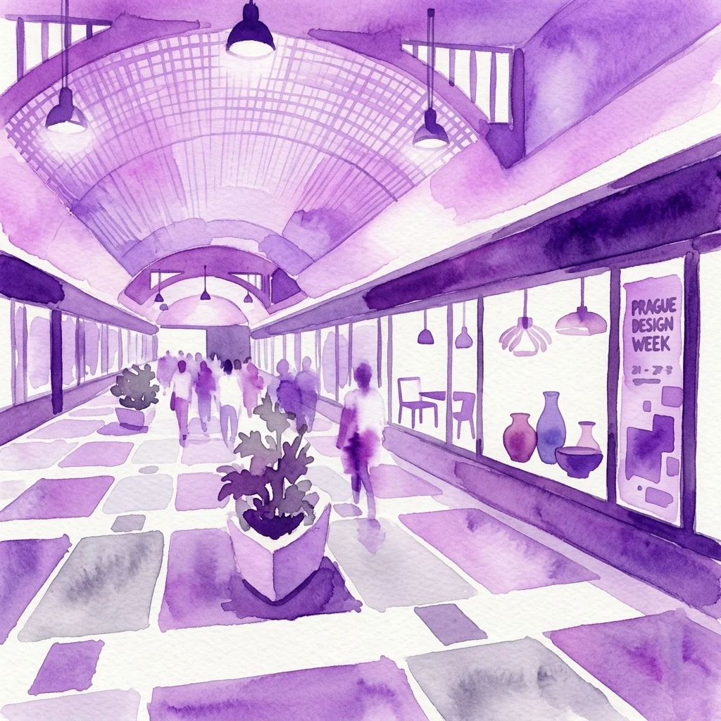 Watercolor illustration of a modern exhibition space with arched ceilings, purple lighting, and display windows featuring Czech design objects. A sign reads 'Prague Design Week' with dates.