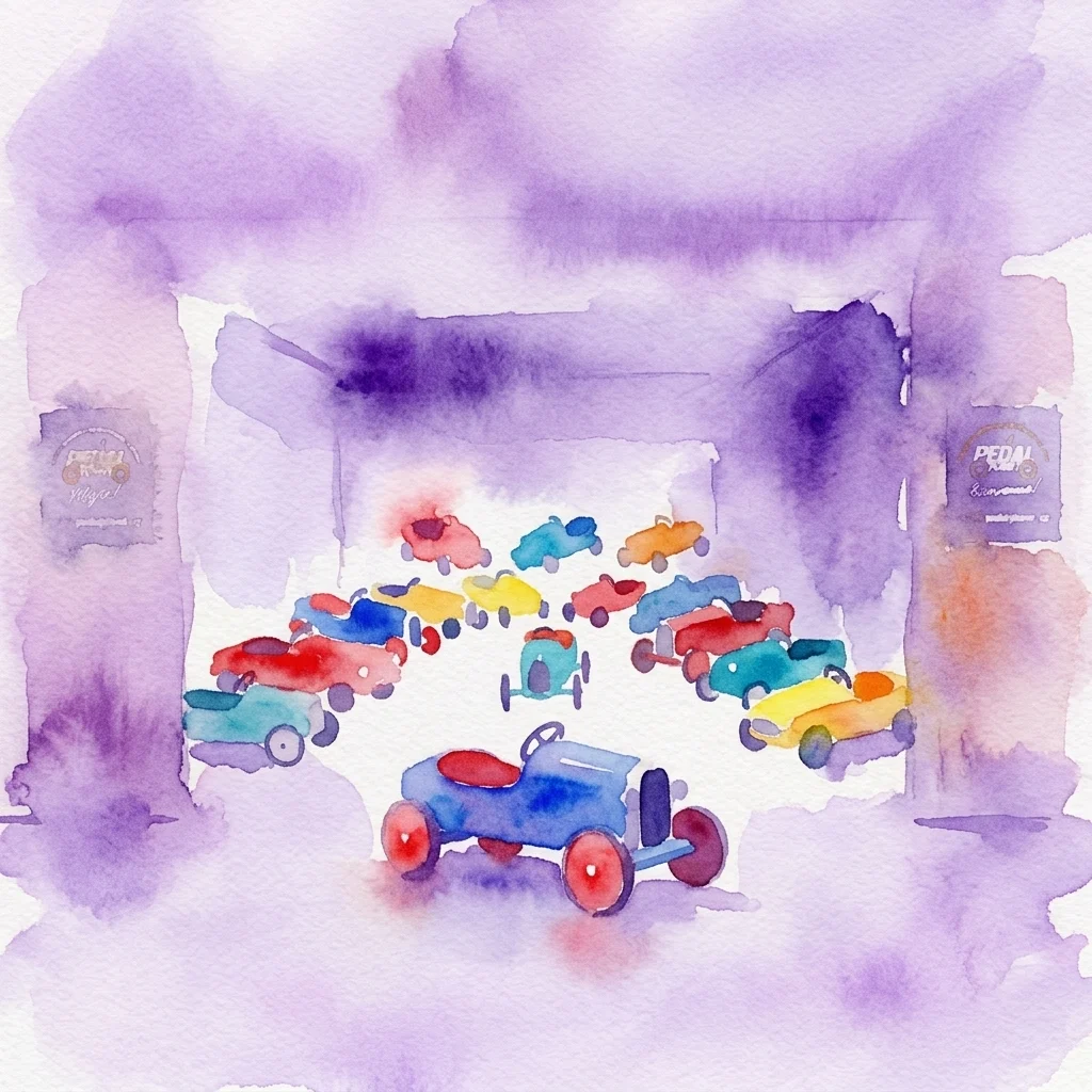 Ilustracja akwarelowa kolorowych, zabytkowych samochodzików na pedały wystawionych w muzeum, przywołująca nostalgię i dziecięce przygody w Pedal Planet Praga.