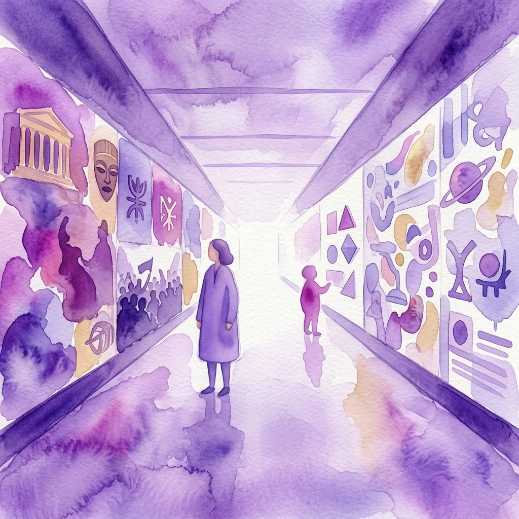 Ilustracja akwarelowa korytarza muzealnego z różnorodnymi eksponatami, w tym artefaktami historycznymi i interaktywnymi wystawami, przedstawiająca dorosłego i dziecko eksplorujących przestrzeń.
